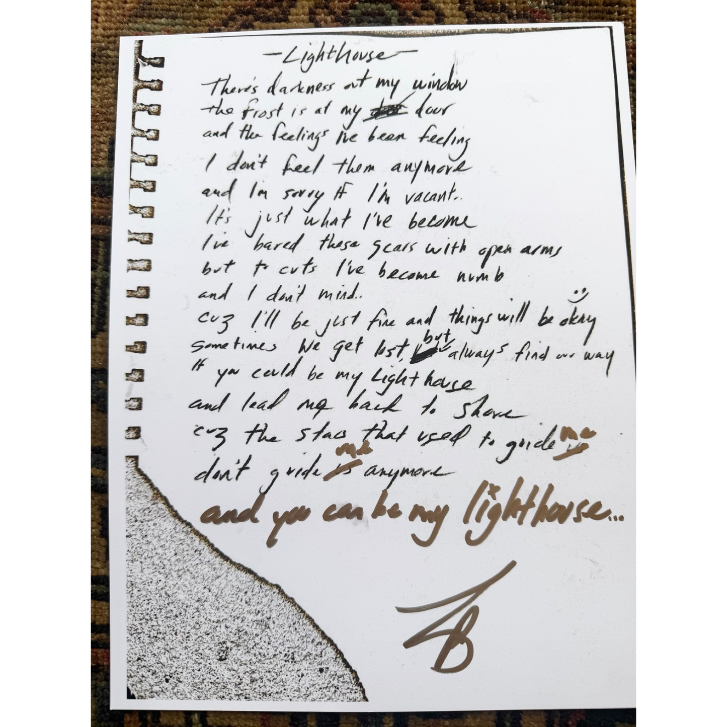 Limited Edition Hand Signed Lighthouse Lyric Sheet